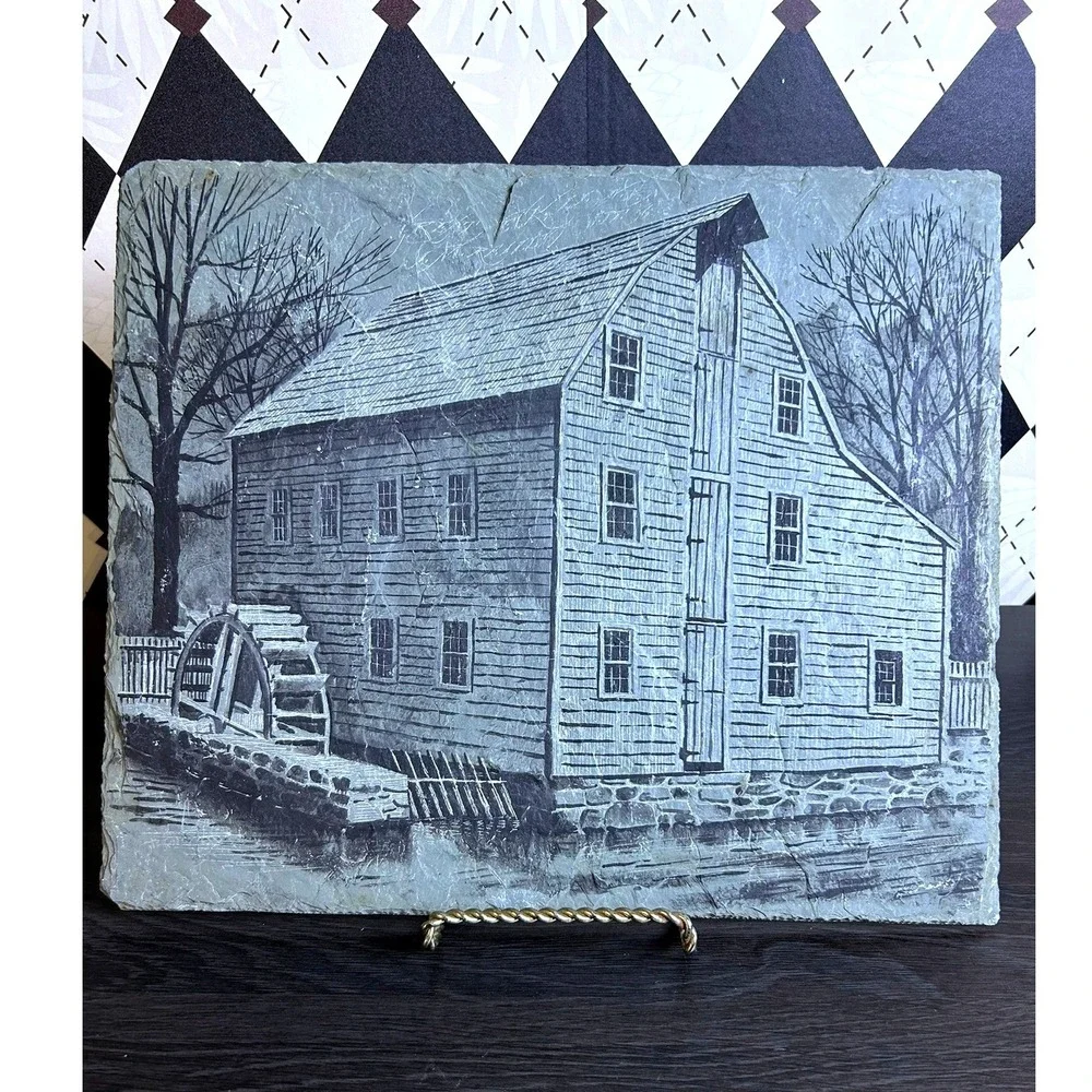 Historic Slate Rock Art The Saddle Rock Grist Mill Etched Colonial Landmark 14